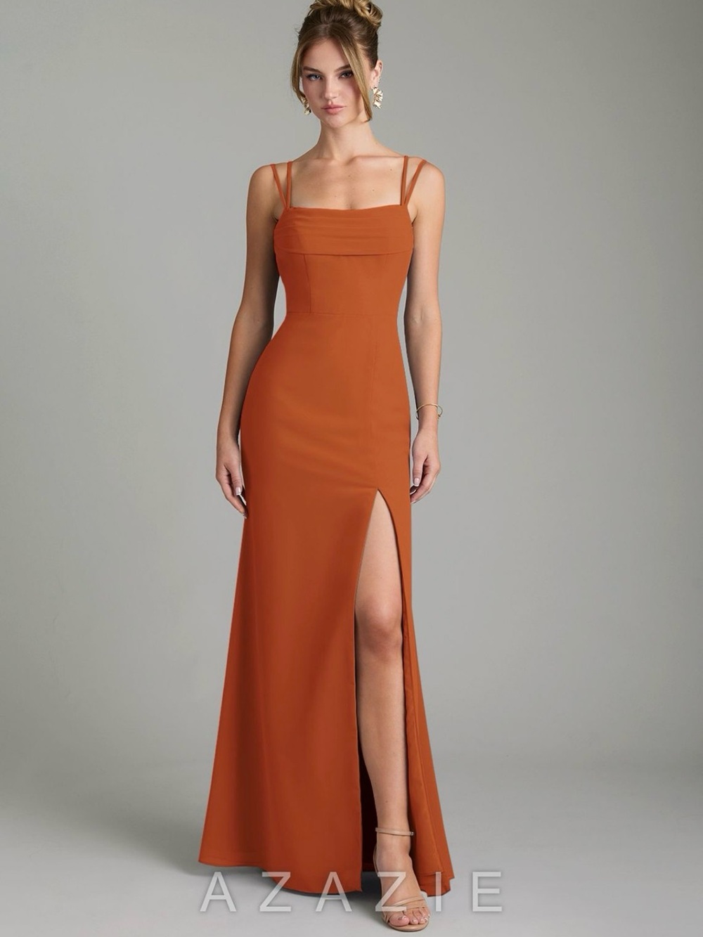 Azazie Rust Orange Cowl-Back Evening Gown